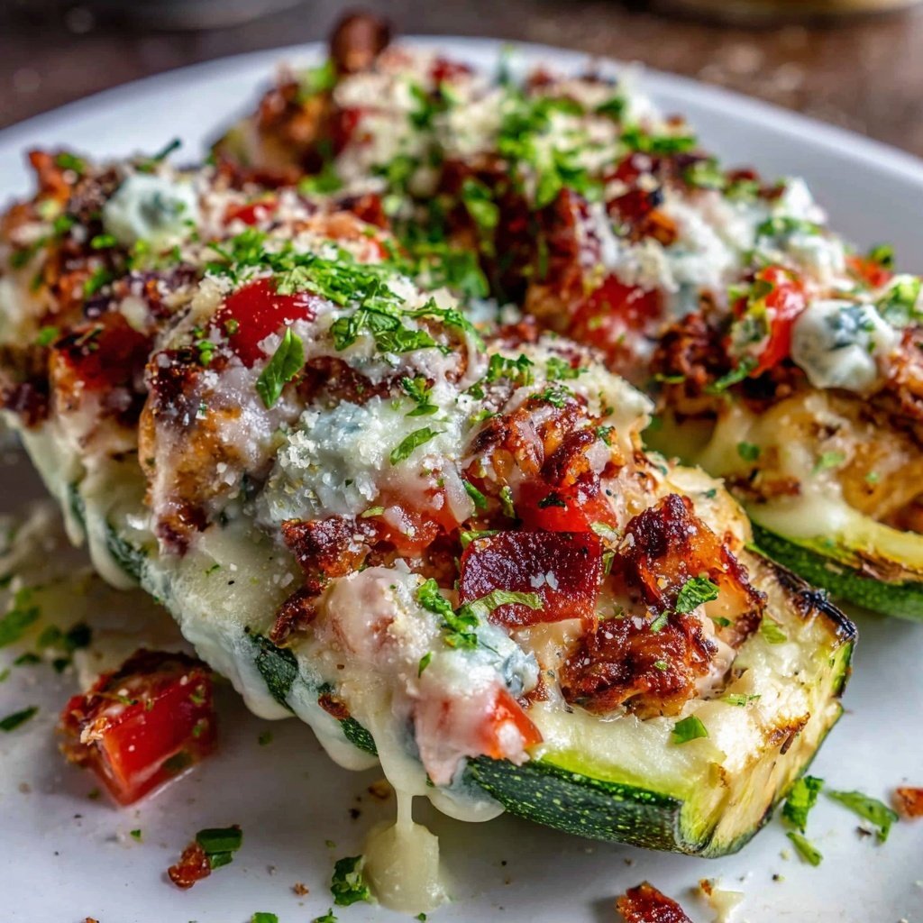 Shredded Chicken Stuffed Zucchini Boats